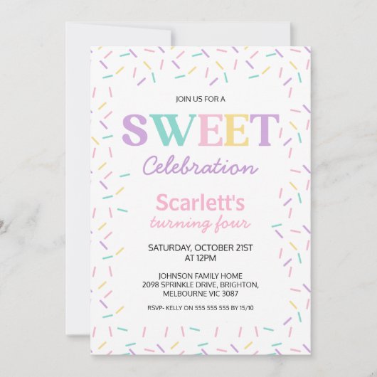 色数々の付き散水甘お祝い誕生日 招待状 (正面)