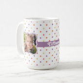  – 色数々の水玉模様（紫リボンPhotoFrame付き） コーヒーマグカップ (正面左)