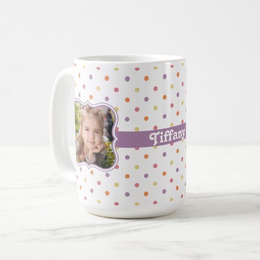  – 色数々の水玉模様（紫リボンPhotoFrame付き） コーヒーマグカップ (正面左)