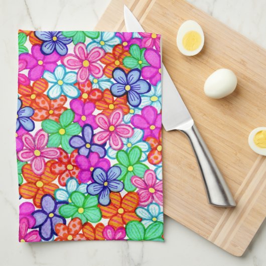 色数々の花フローライラストレーション模様 キッチンタオル (四つ折り)
