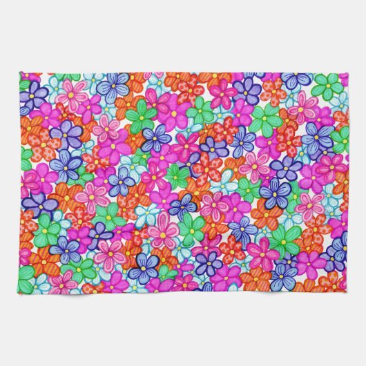 色数々の花フローライラストレーション模様 キッチンタオル (横)