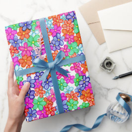 色数々の花フローライラストレーション模様 ラッピングペーパー