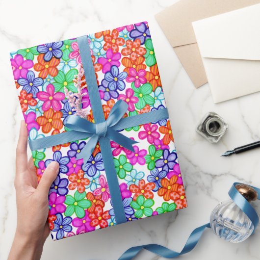 色数々の花フローライラストレーション模様 ラッピングペーパー (ギフト)