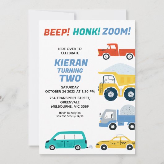 色数々の車輸送誕生日 招待状 (正面)