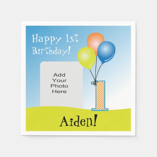 色気球チャイルドの最初の誕生日フォト スタンダードカクテルナプキン (正面)