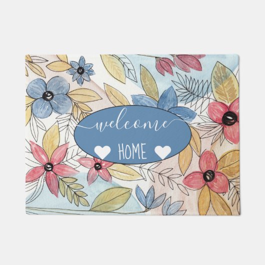 色自然水彩フローラ葉アート ドアマット (正面)