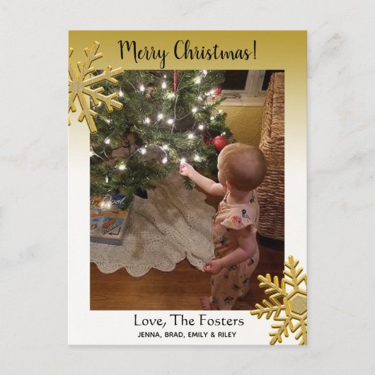 色褪せたゴールドの家族写真クリスマスカード ポストカード (正面)