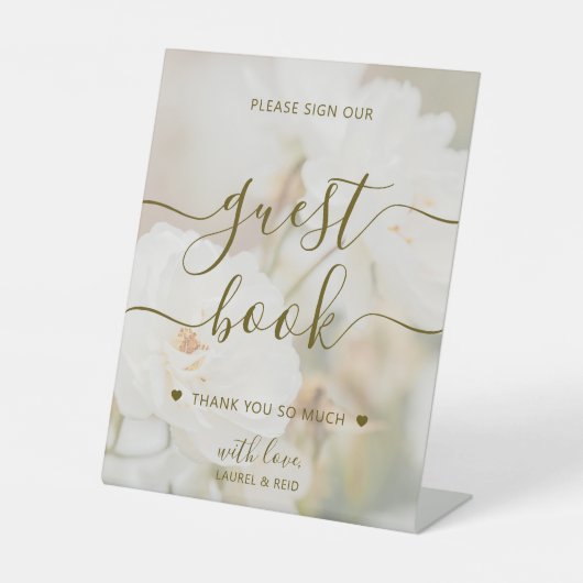 色褪せた白いバラのロマンチックな署名Our Guestbook 台座サイン (正面)