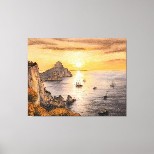 色鉛筆で描いたカプリ島のファラリョーニの岩と夕日の海 キャンバスプリント (正面)