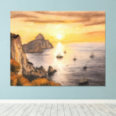 色鉛筆で描いたカプリ島のファラリョーニの岩と夕日の海 キャンバスプリント (インサイチュ (ウッドフロア))