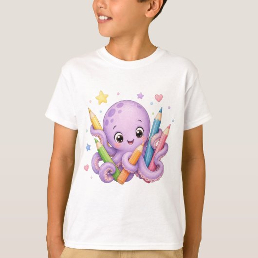 色鉛筆を持つキュートなタコ Tシャツ (正面)