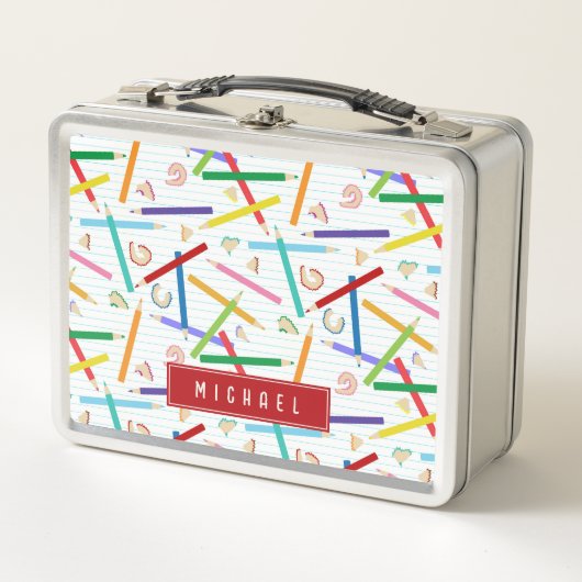 色鉛筆パターンキッズスクール メタルランチボックス (正面)