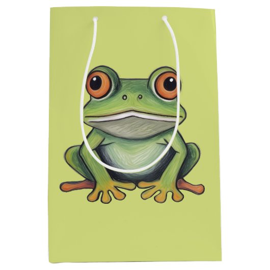 色鉛筆画のカエル ミディアムペーパーバッグ (正面)