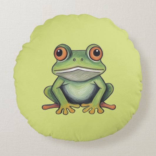 色鉛筆画のカエル ラウンドクッション (正面)