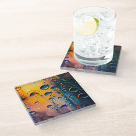 色雨の背カラフル景 ガラスコースター