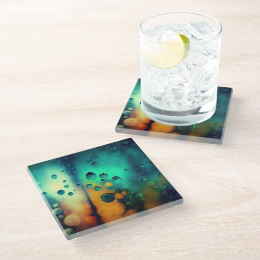 色雨の背カラフル景 ガラスコースター (アングル)