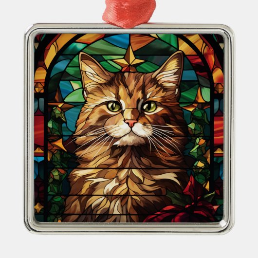 色鮮やかなステンドグラスのクリスマス猫顔 メタルオーナメント (正面)