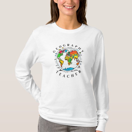 色鮮やかな地球儀のグラフィックが入った地理の先生テキスト Tシャツ (正面)