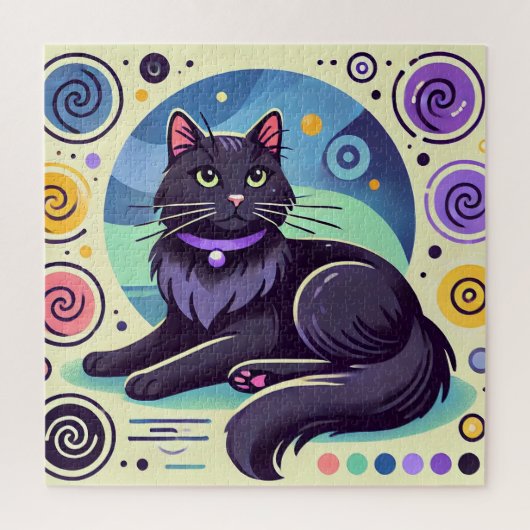 色鮮やかな背景の黒猫 ジグソーパズル (縦)