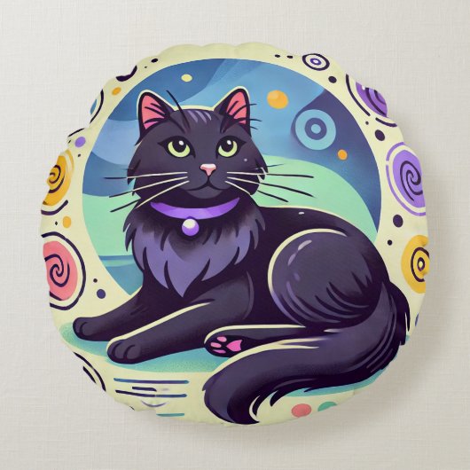 色鮮やかな背景の黒猫 ラウンドクッション (正面)