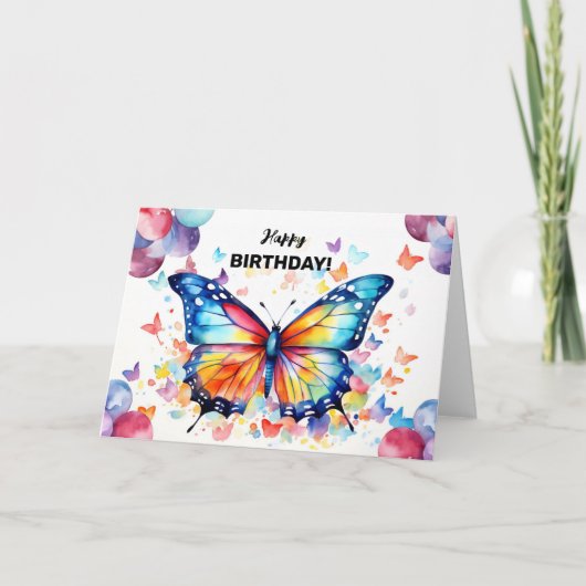 色鮮やかな風船の誕生日を迎える蝶 カード (正面)