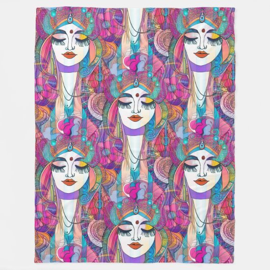色鮮やかなART of顔 – シームレスパターン2 フリースブランケット (正面)