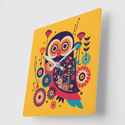 色鮮やか抽象芸術フクロウデザイン スクエア壁時計 (傾斜)