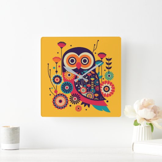 色鮮やか抽象芸術フクロウデザイン スクエア壁時計 (ホーム)