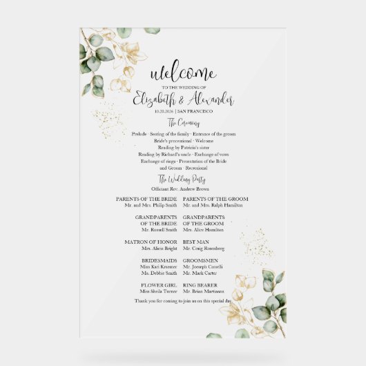 艶消しアクリル標識 |の式結婚プログラム アクリルサイン (正面)