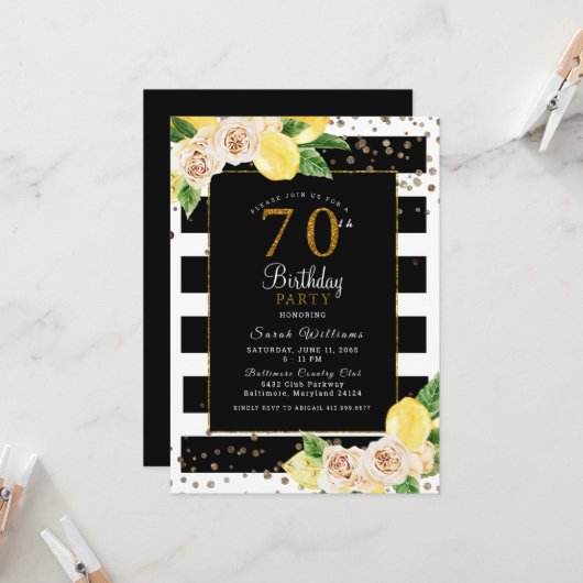芍薬とレモン 70歳 誕生日パーティー招待状 黒 招待状 (正面/裏面インサイチュ)
