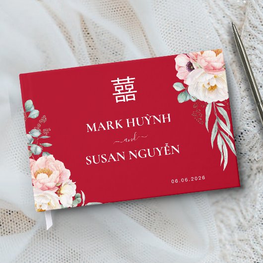 芍薬の伝統的な中華結婚式（赤） ゲストブック