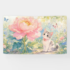 芍薬の花と子猫のバナー 横断幕