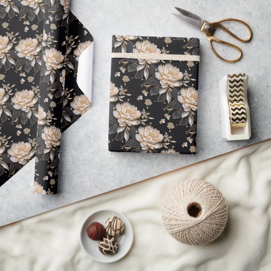 芍薬の花のエレガントで豪華な模様 ラッピングペーパー (クラフト)