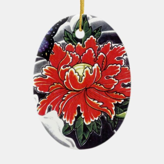 芍薬の花の日本風タトゥーデザイン セラミックオーナメント (正面)