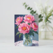 芍薬の花束 ピンクの花 フローラルペインティング ポストカード (スタンド正面)