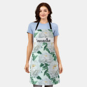 芍薬の花柄 白色 オーダーメイド エプロン (着用した状態)