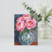 芍薬の花瓶 | ピンクの芍薬の水彩画 ポストカード (スタンド正面)