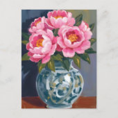 芍薬の花瓶 | ピンクの芍薬の水彩画 ポストカード (正面)