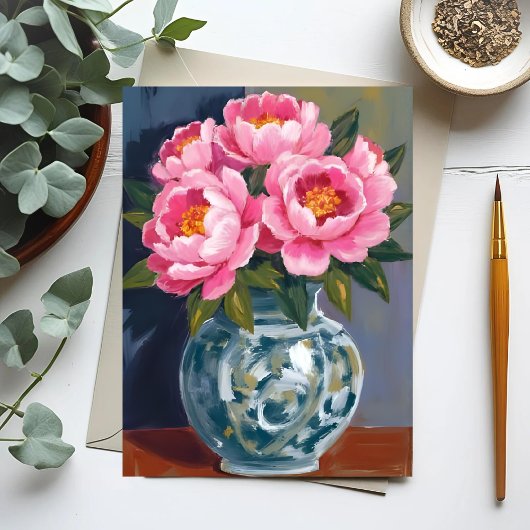 芍薬の花瓶 | ピンクの芍薬の水彩画 ポストカード