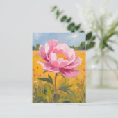 芍薬の花 | ピンクの花畑の水彩画 ポストカード (スタンド正面)