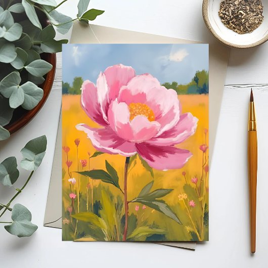 芍薬の花 | ピンクの花畑の水彩画 ポストカード