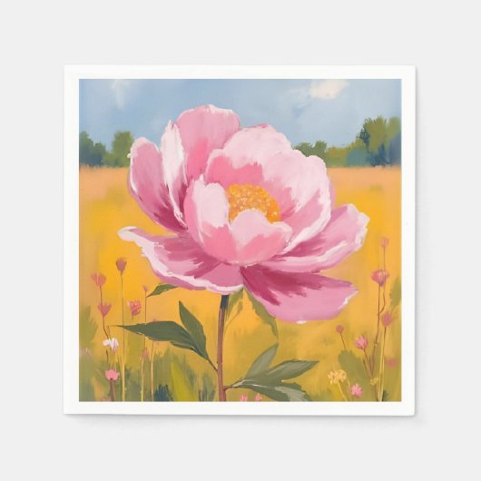 芍薬の花 | ピンクの花畑 水彩画 スタンダードカクテルナプキン (正面)