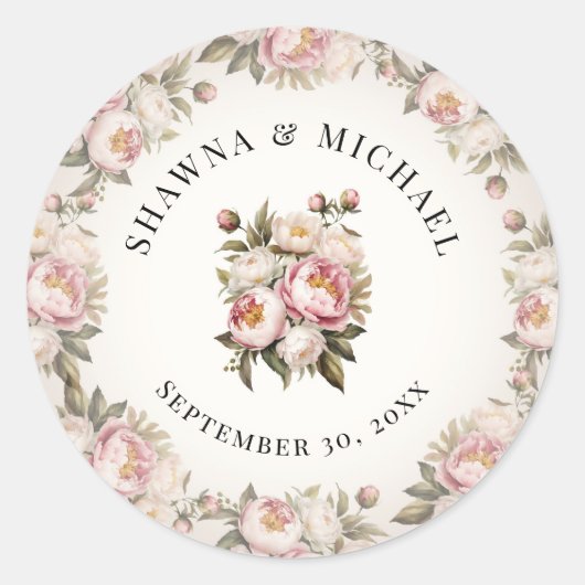 芍薬 エレガント ピンク フラワーミズコロ 水彩 結婚式 ラウンドシール (正面)