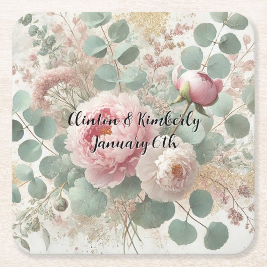 芍薬 ドラマ ペーパー & パーティ プレート スクエアペーパーコースター (正面)