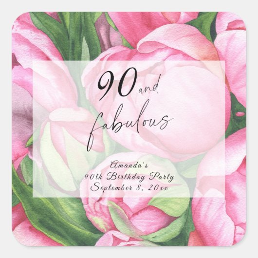 芍薬 バラ 90歳の誕生日パーティー スクエアシール (正面)