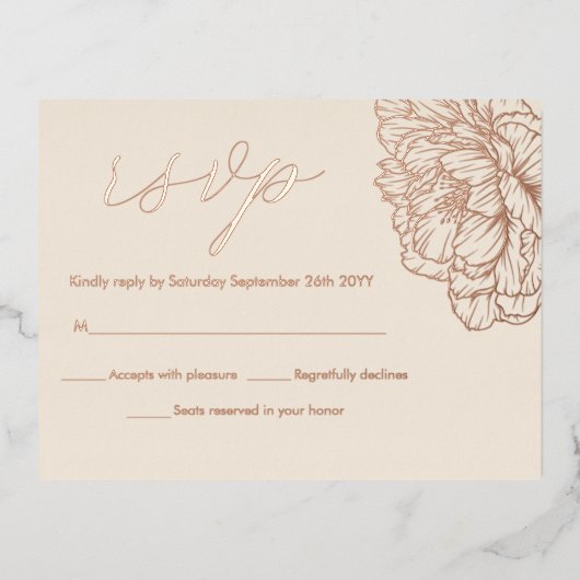 芍薬 フラワー エレガント 本物 ローズゴールド RSVP カード (正面)