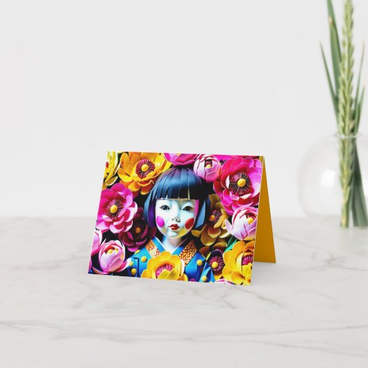 芙蓉の花と日本人形 折り紙3HGC カード (正面)