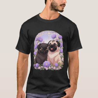 芙蓉の花に囲まれたパグの子犬たち Tシャツ
