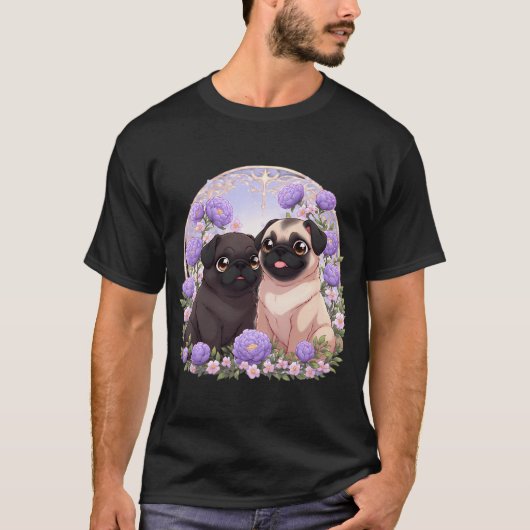 芙蓉の花に囲まれたパグの子犬たち Tシャツ (正面)