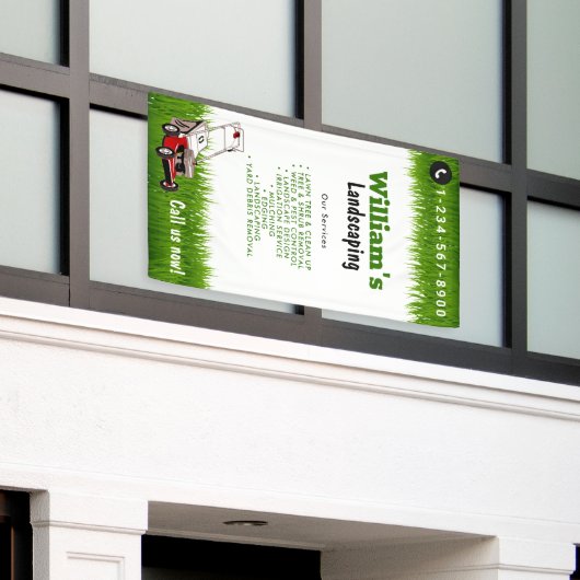 芝刈りサービス、庭の手入れ、庭の管理サービス、庭のケア 横断幕 (ビルの外側)